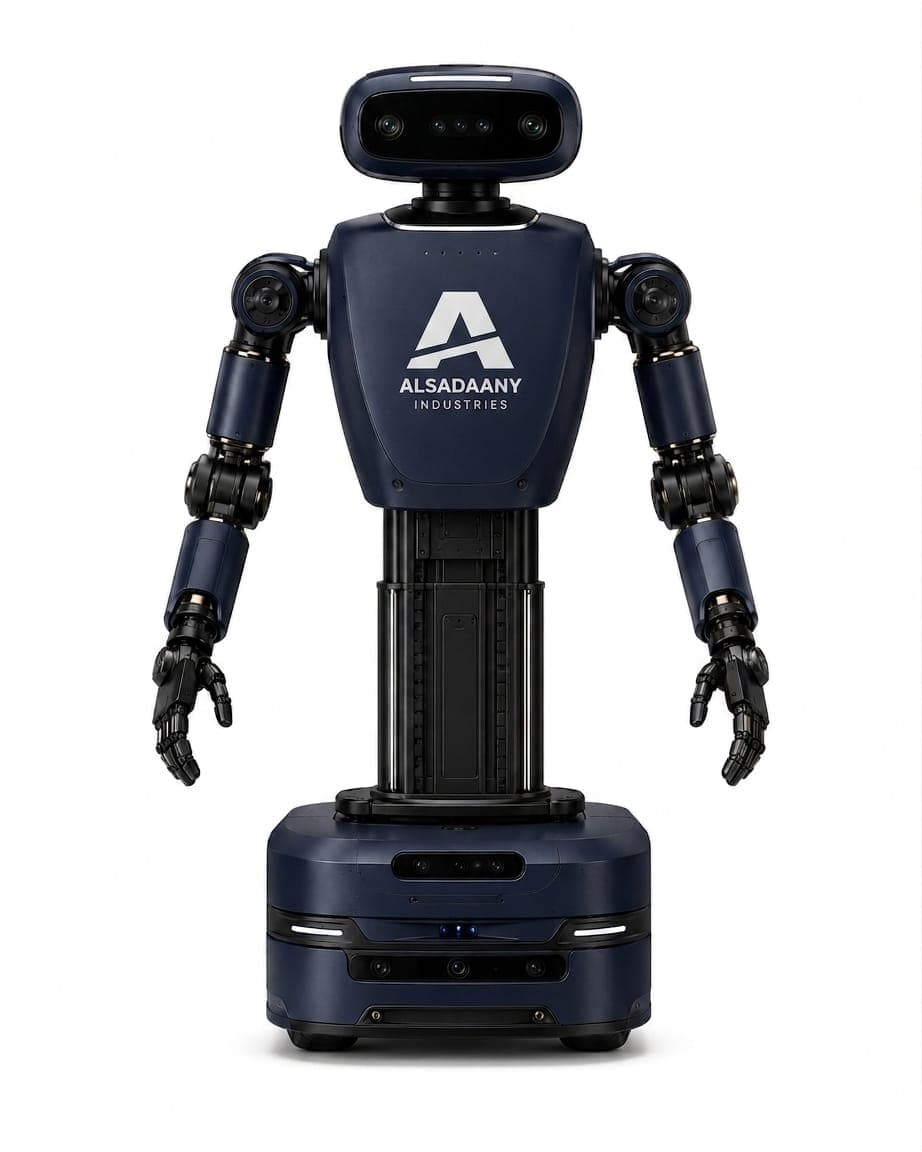 KIMI, a dark navy-blue home assistant robot with a sensor head, two articulated arms and a wheeled base.